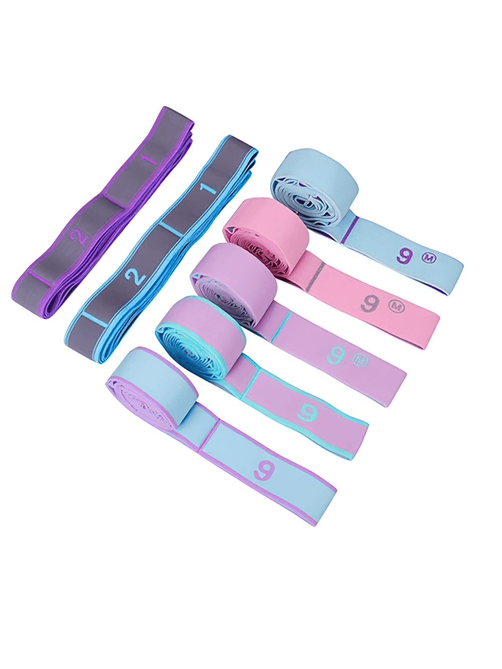 Colorful adjustable yoga stretch bands, 9-grid design for flexibility, ideal for women's fitness and dance, perfect for special occasions.