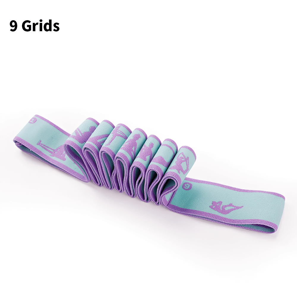 Purple and turquoise 9-grid yoga stretch band, perfect for enhancing flexibility and strength in women's fitness and Latin dance.