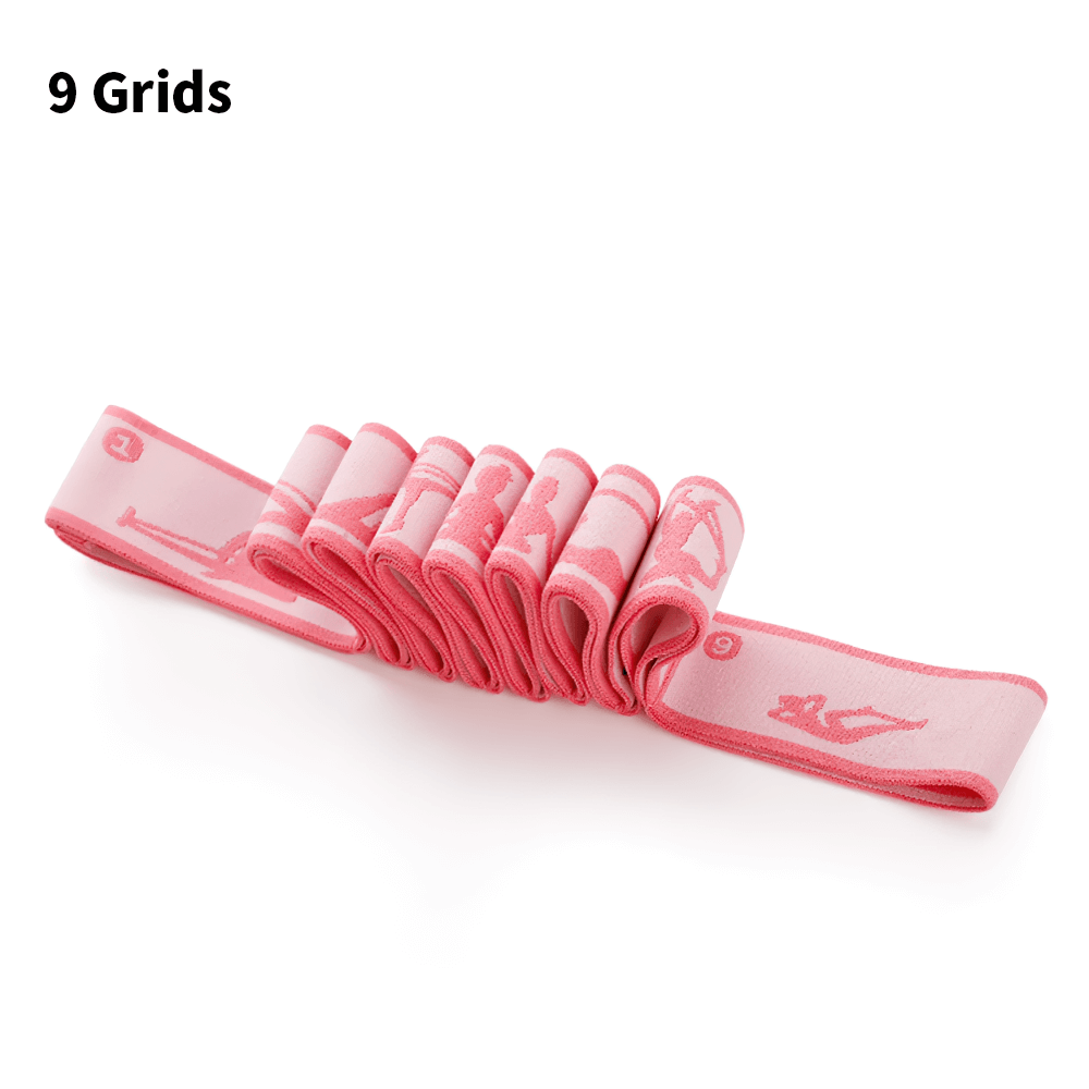 Pink 9-Grid Yoga Stretch Band, adjustable nylon strap for women's fitness and dance. Ideal for flexibility and strength exercises.