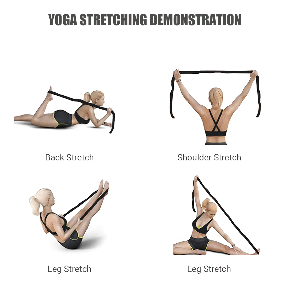 Four yoga poses using an adjustable stretch band: back stretch, shoulder stretch, and two leg stretches demonstrated.