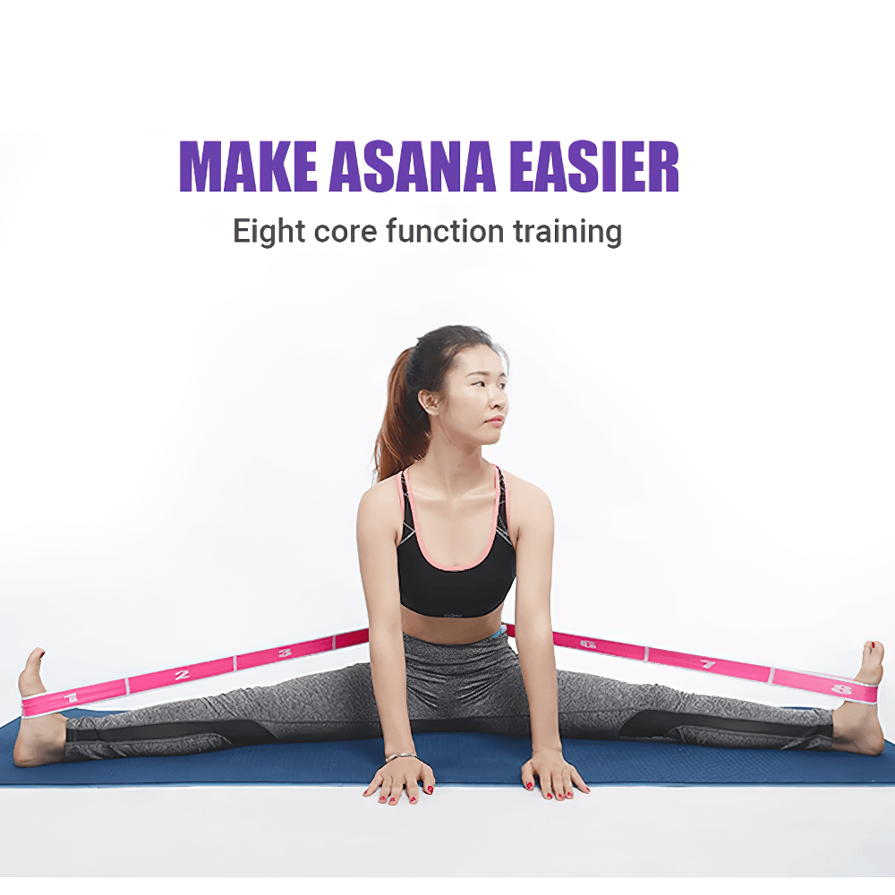 Woman using 9-grid adjustable yoga stretch band for deep stretch flexibility on mat with text 'Make Asana Easier' above.
