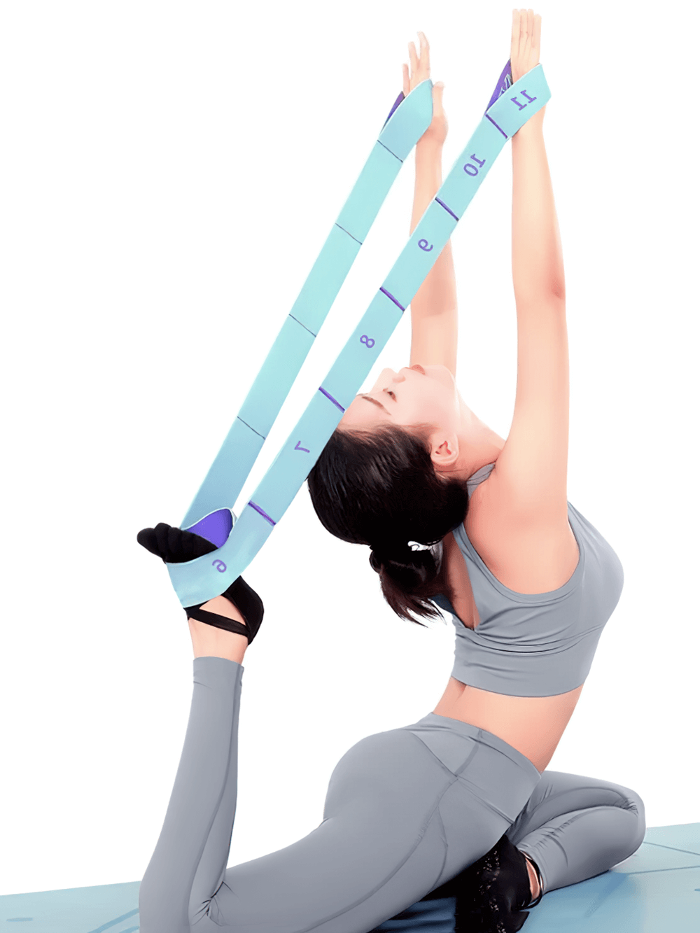Woman using adjustable 9-grid multi-section yoga stretch band for flexibility and strength training, perfect for dance and fitness.