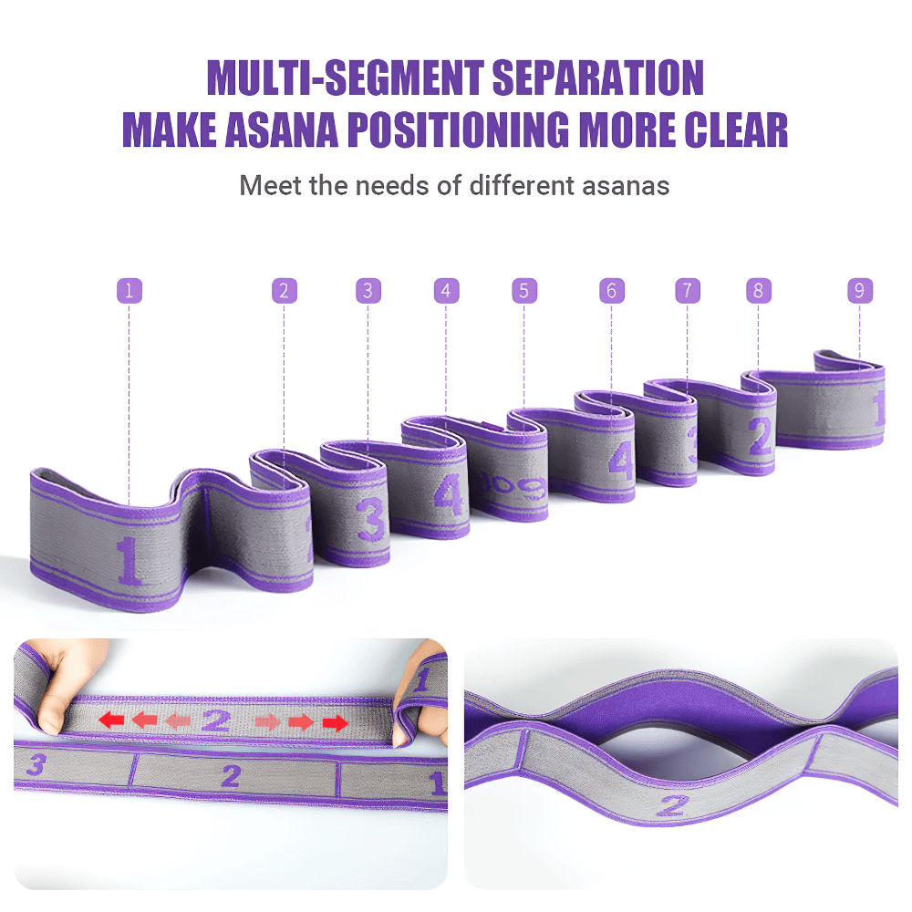 Adjustable 9-section yoga stretch band for flexibility and strength, showing multi-segment separation for precise asana positioning.