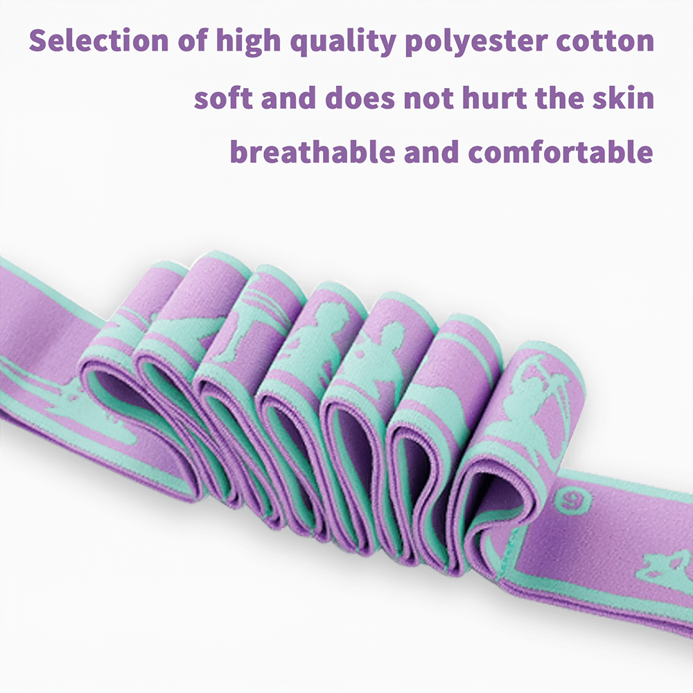 Purple multi-section yoga stretch band for flexibility and strength, made from soft polyester cotton. Ideal for women's fitness.