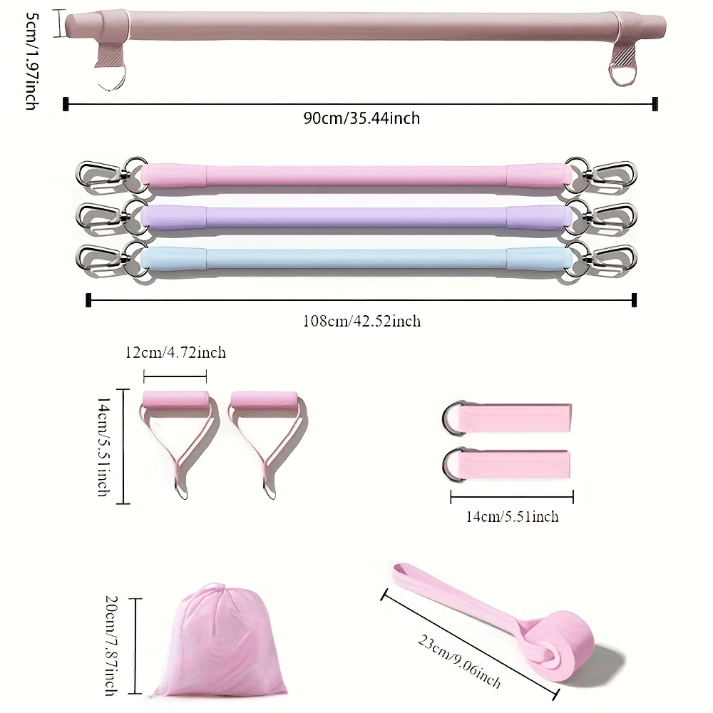 Dimensions and components of adjustable Pilates bar kit with resistance bands, including foam bar, detachable bands, and foot rings.