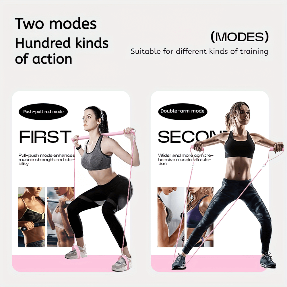 Two fitness modes with adjustable Pilates bar kit showcasing versatility for strength training and home workouts.