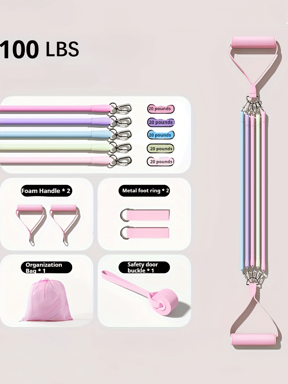 Adjustable Pilates bar kit with pink resistance bands, foam handles, metal rings, and organization bag, 100 lbs total weight.