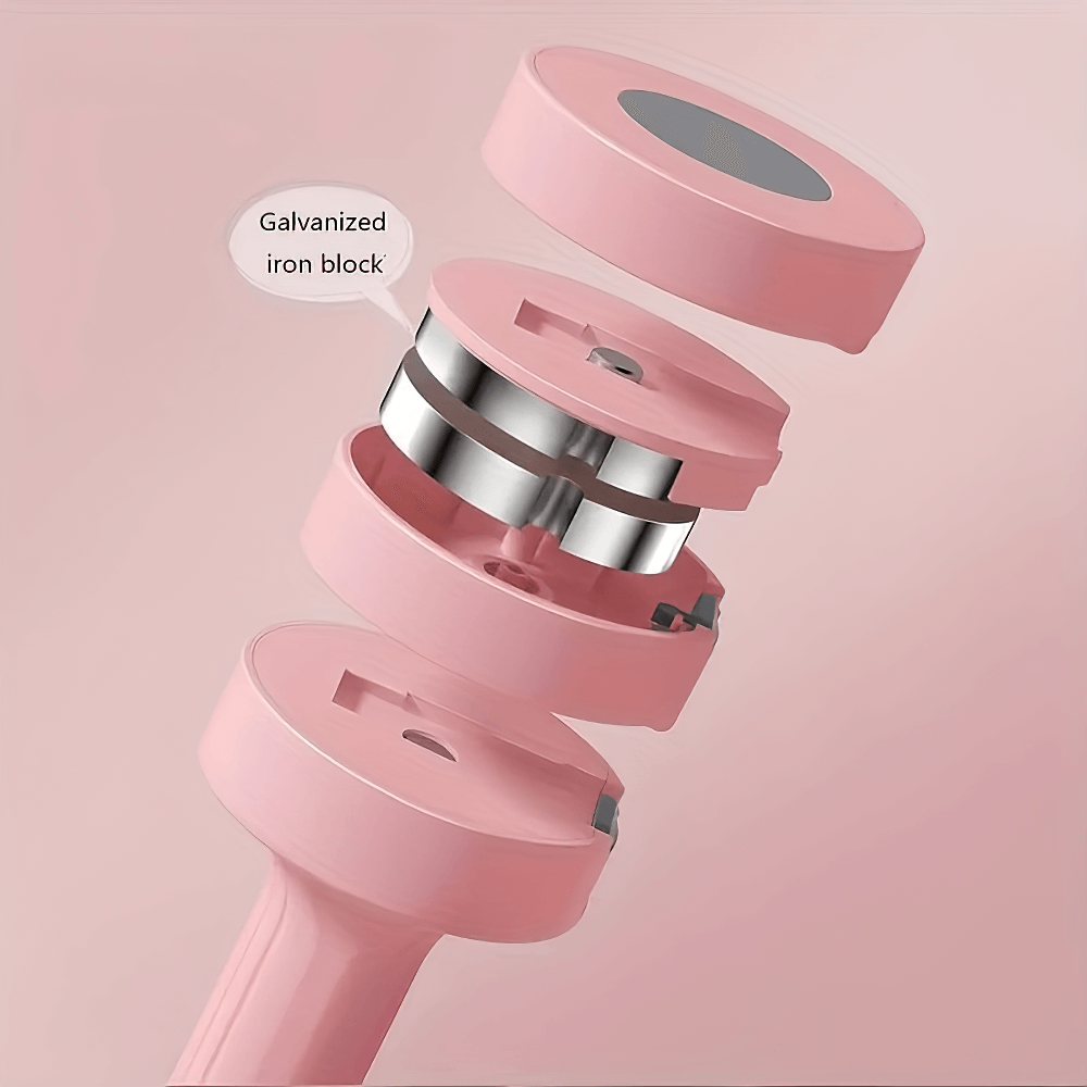 Exploded view of adjustable pink dumbbells with galvanized iron block, showcasing secure locking system for strength training.