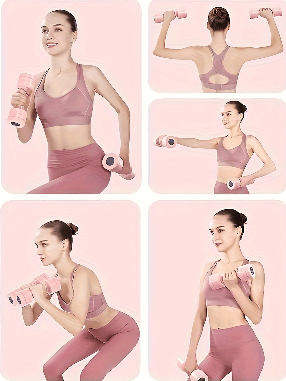 Woman exercising with adjustable pink dumbbells SF2932 for strength training and toning at home and gym workouts.