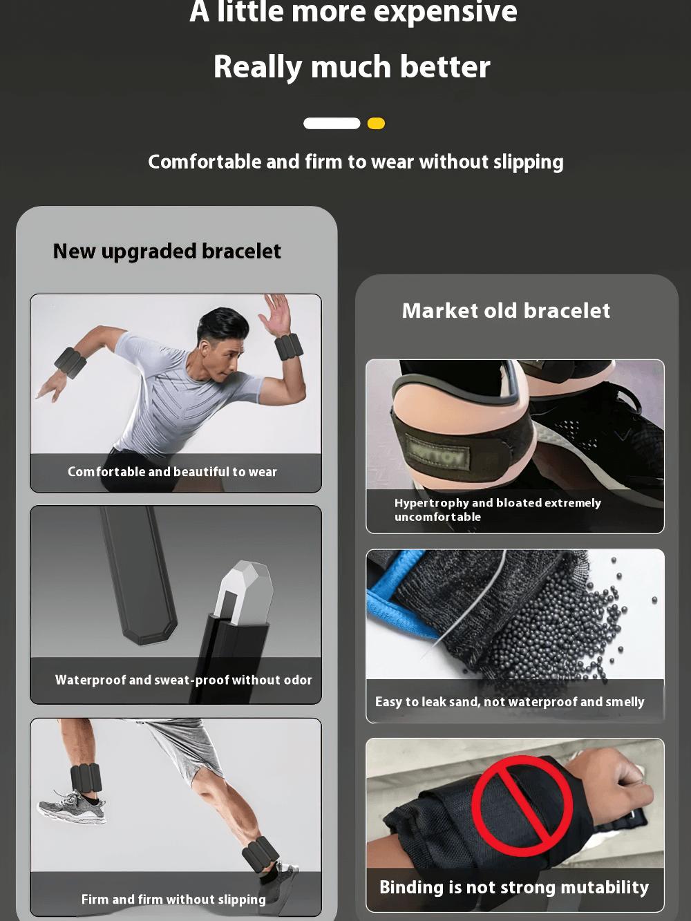 Comparison of new upgraded silicone bracelet vs old market bracelet showcasing comfort, waterproof design, and strong binding.