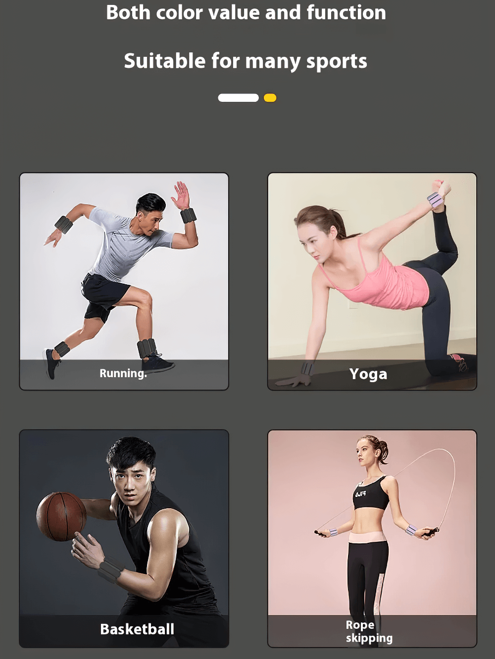 Athletes using wrist and ankle weights for running, yoga, basketball, and rope skipping. Versatile silicone weights enhance workouts.