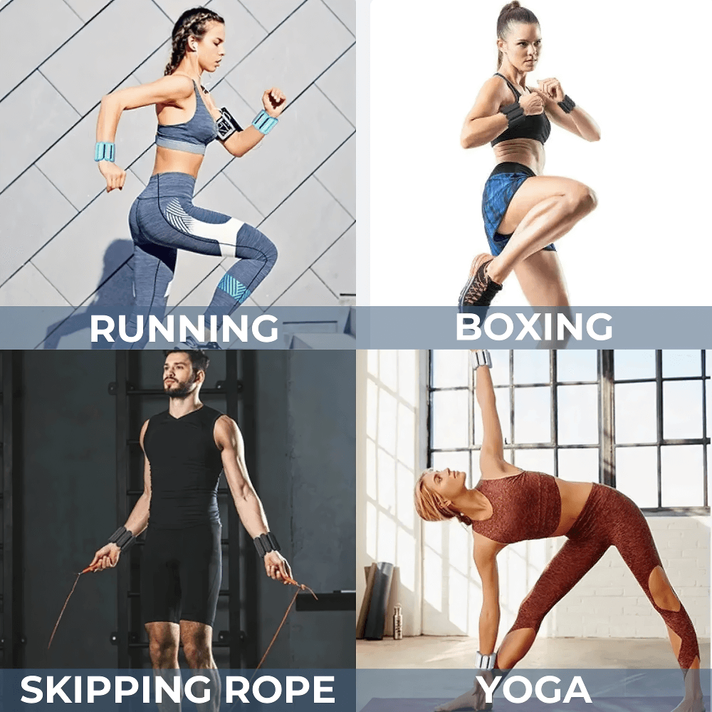 Running, boxing, skipping rope, and yoga workouts with silicone wrist and ankle weights for increased fitness and calorie burn.