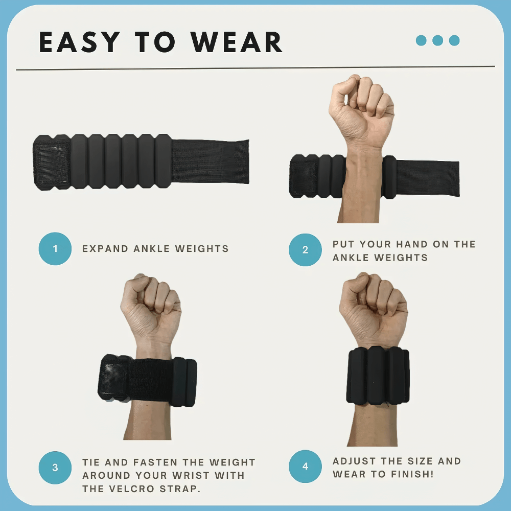 Step-by-step guide to wearing adjustable waterproof silicone wrist and ankle weights with Velcro straps for workouts.