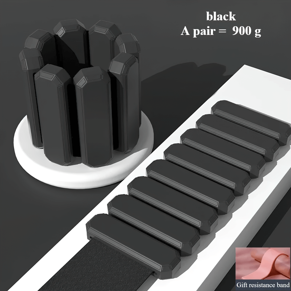 Adjustable silicone wrist and ankle weights, black, 900g pair, with resistance band included for enhanced workouts and yoga.