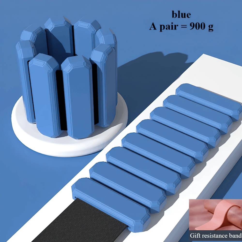 Blue adjustable silicone wrist and ankle weights, model SF3309, with 900g total, featuring Velcro and segmented design for fitness.