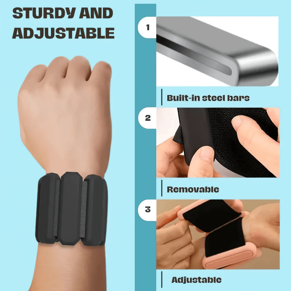Adjustable silicone wrist weight SF3309 with Velcro and steel bars, showing adjustable and removable features on a hand.
