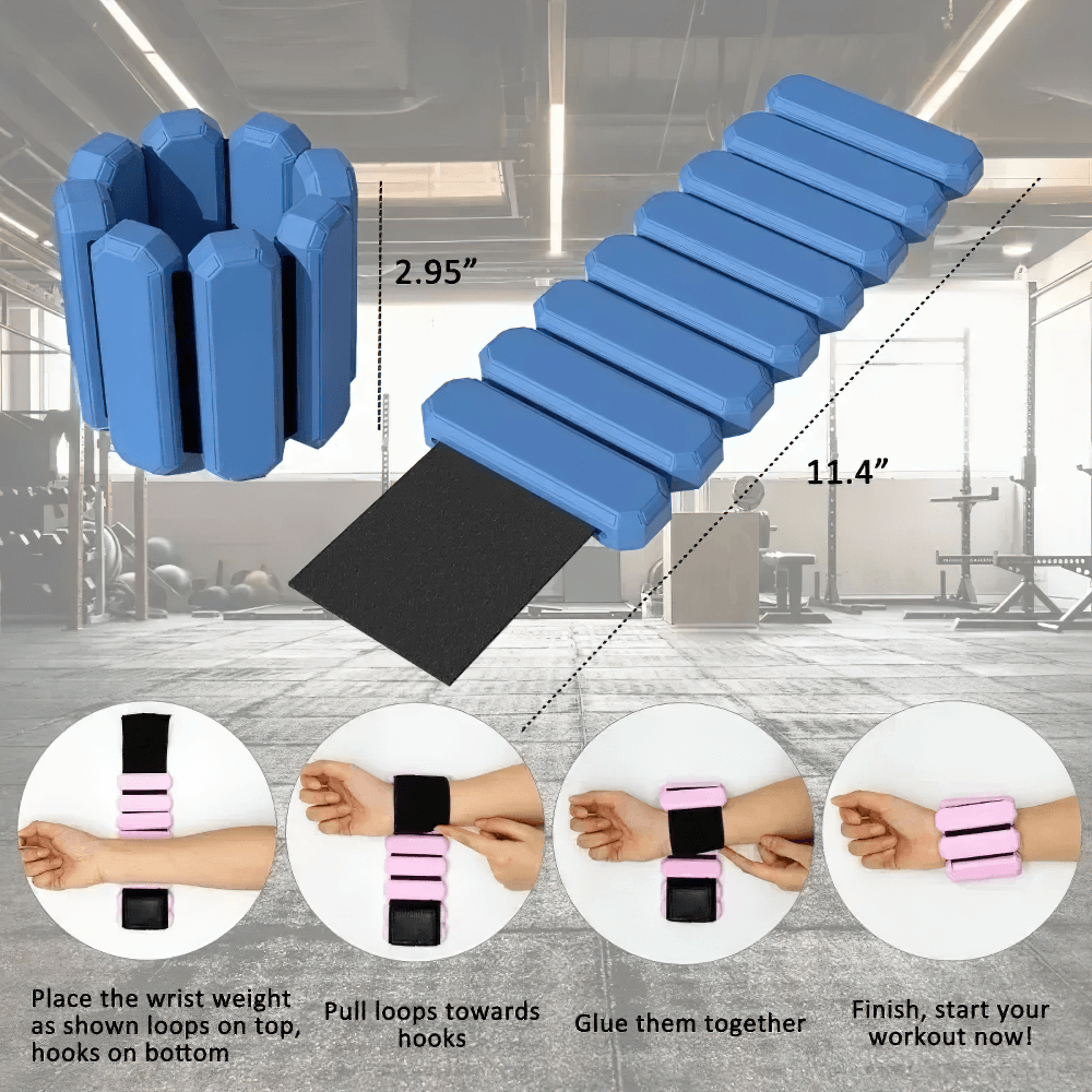Adjustable silicone wrist weights with Velcro, dimensions shown, in a gym setting, featuring usage instructions. Great for workouts.