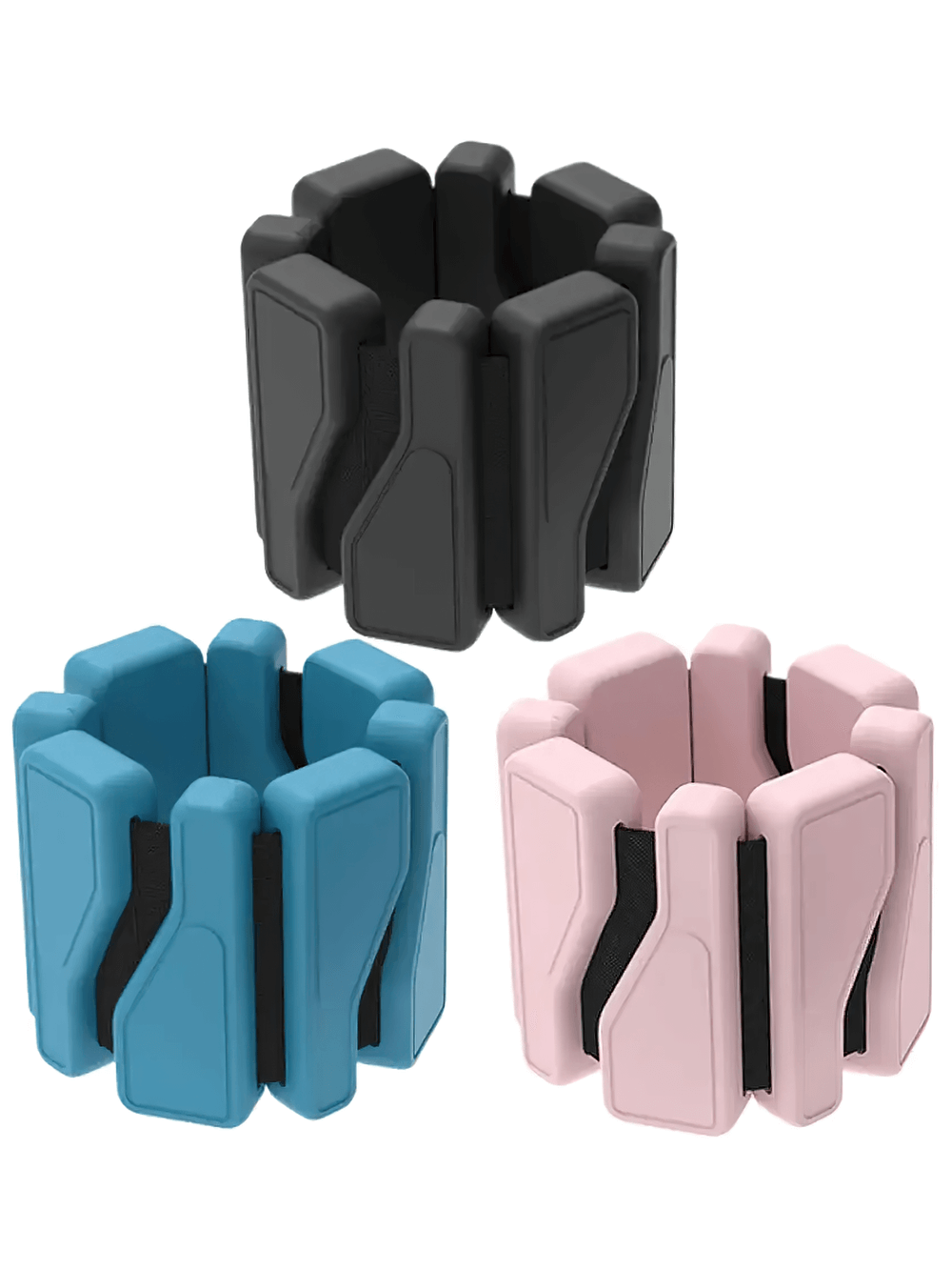 Colorful adjustable silicone wrist weights for fitness in black, blue, and pink, model SF3310.