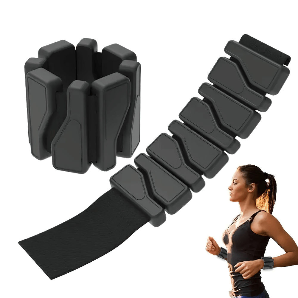 Adjustable silicone wrist weights for fitness, model SF3310, shown with a woman jogging, enhancing workout performance.