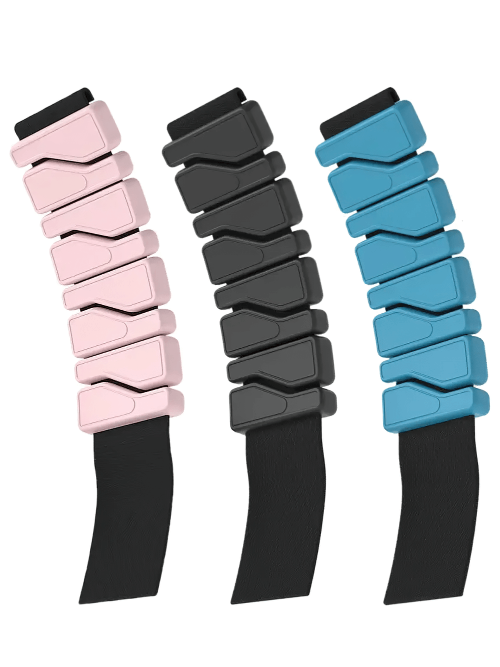 Set of pink, black, and blue adjustable silicone wrist weights for fitness.