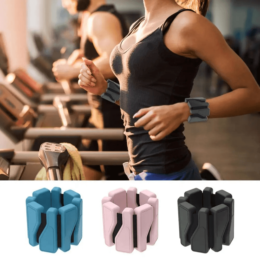 Adjustable silicone wrist weights SF3310 for fitness in blue, pink, and black, worn by a woman exercising on a treadmill.
