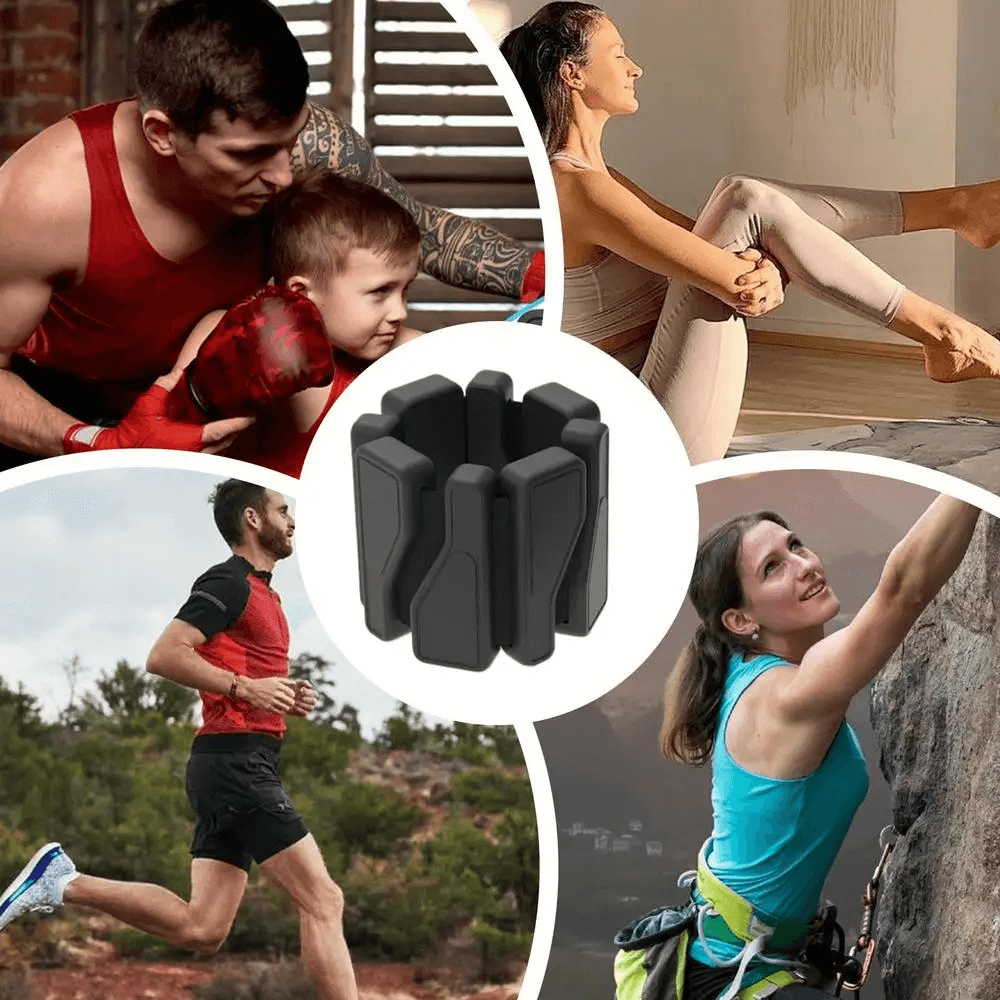 Collage of fitness activities featuring adjustable silicone wrist weights SF3310, including running, boxing, yoga, and climbing.