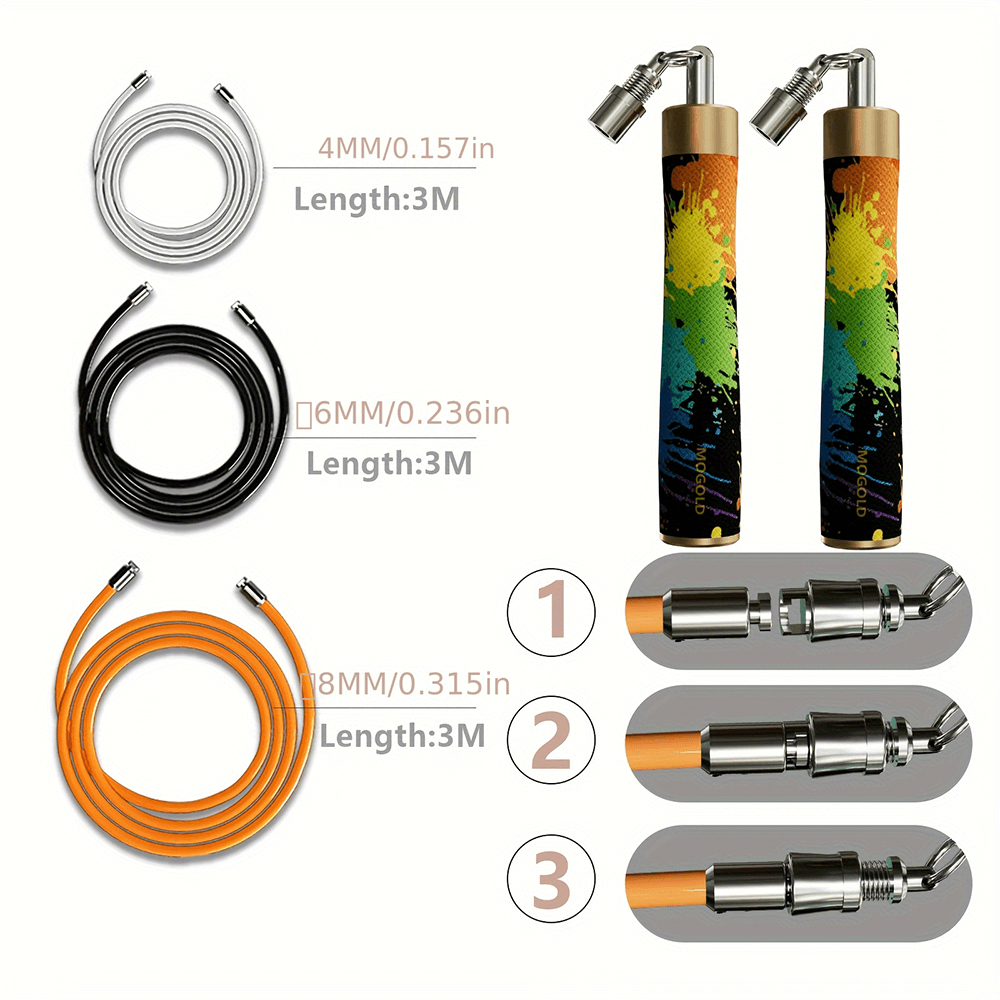 Adjustable Skipping Rope Set with Colorful Handles and 3 Cables for MMA Fitness Training