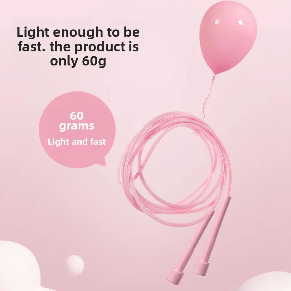 Pink adjustable jump rope with non-slip handles floating with a balloon, showcasing its 60g lightweight design for speedy workouts.