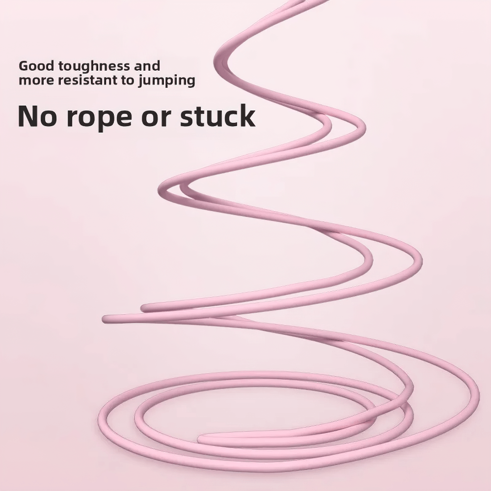 Pink tangle-free skipping rope demonstrating flexibility with text 'No rope or stuck.' Ideal for cardio and endurance training.