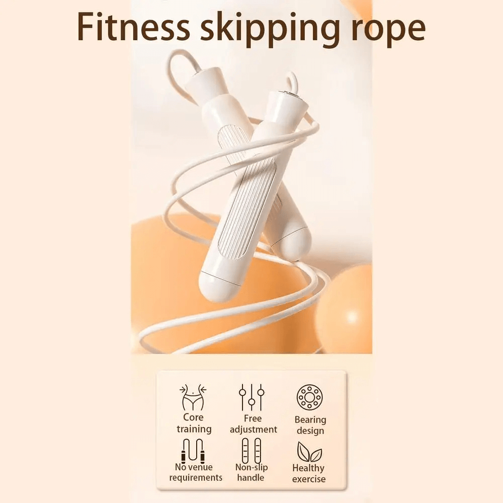 Adjustable fitness skipping rope with non-slip handles and features icons for core training, free adjustment, and healthy exercise.