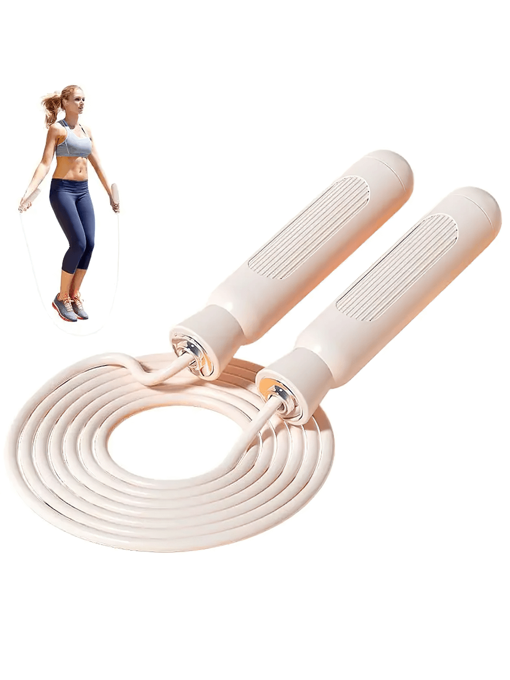 Adjustable skipping rope with non-slip handles SF3194, ideal for cardio and stamina. Includes image of woman jumping rope.