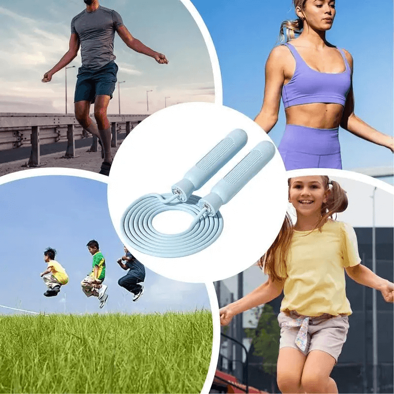 Collage featuring adjustable skipping rope with non-slip handles and people jump roping for cardio and endurance training outdoors.