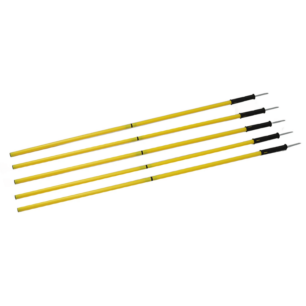 Adjustable soccer agility poles set with base spikes for training, includes carry bag, perfect for drills and fitness routines.