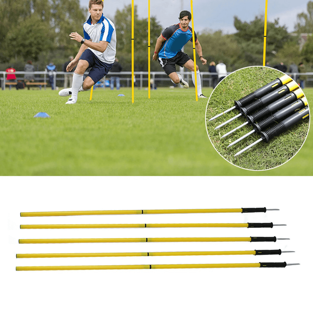 Athletes training with adjustable soccer agility poles set SF3180 in action, featuring base spikes and carry bag for easy transport.