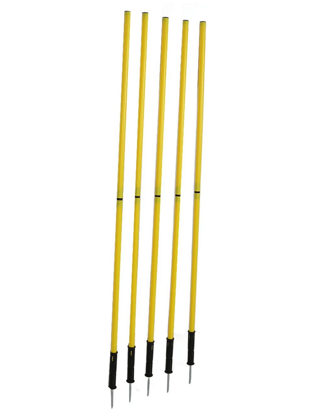 Adjustable soccer agility poles set for training, featuring five yellow poles with base spikes. Ideal for football drills and fitness routines.