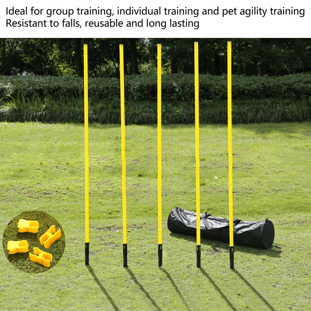 Adjustable soccer agility poles set with carry bag on grassy field, ideal for training. Includes detachable spikes and clips.