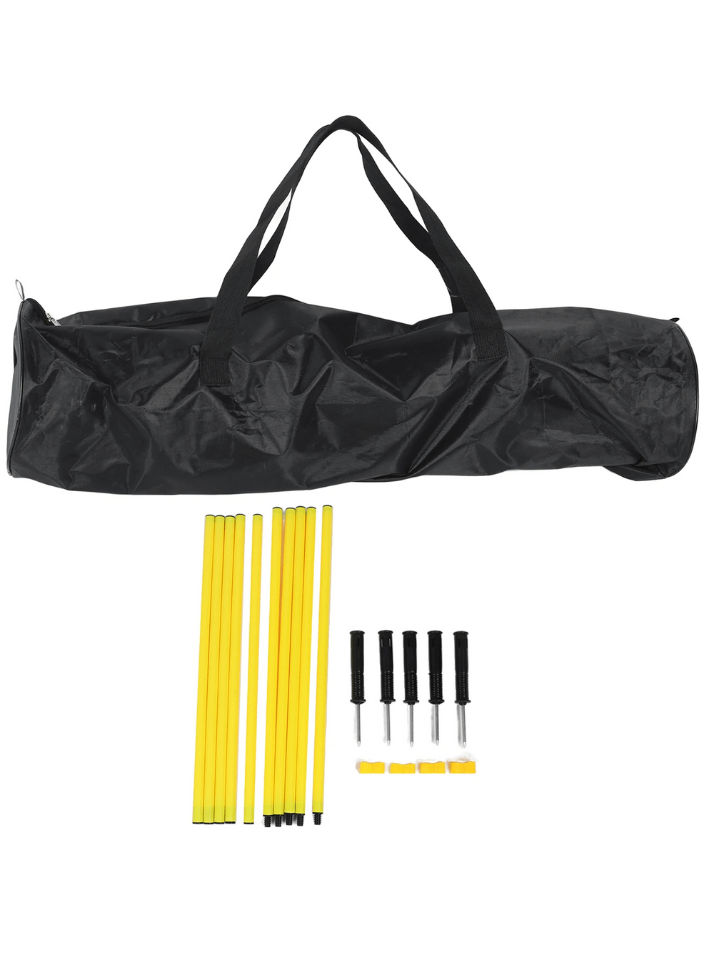 Adjustable soccer agility poles set with carry bag, disassembled and displayed. Includes yellow poles, base spikes, and clips for training.