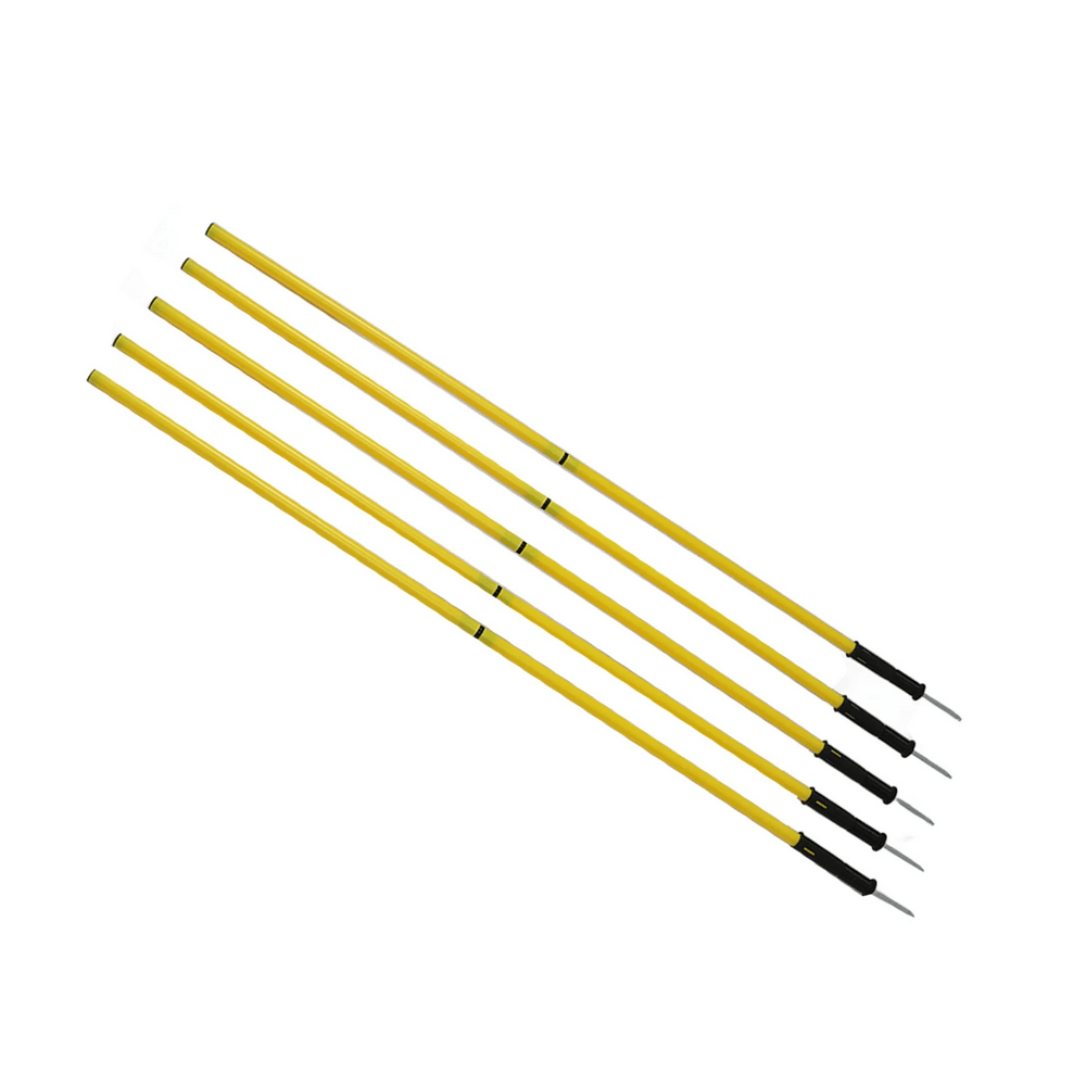 Adjustable soccer agility poles set with carry bag for drills and speed training, featuring base spikes and buckle clips, model SF3180.