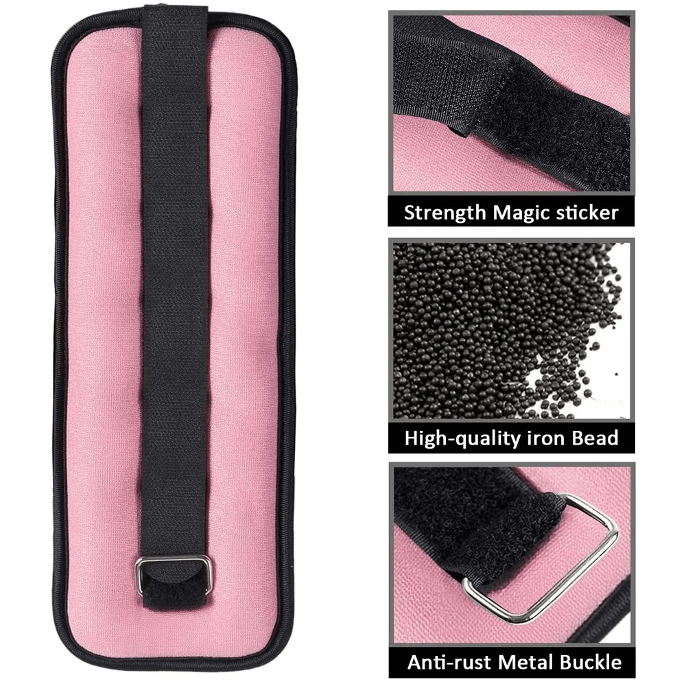 Pink adjustable wrist and ankle weight with magic sticker, iron beads, and metal buckle for fitness workouts.