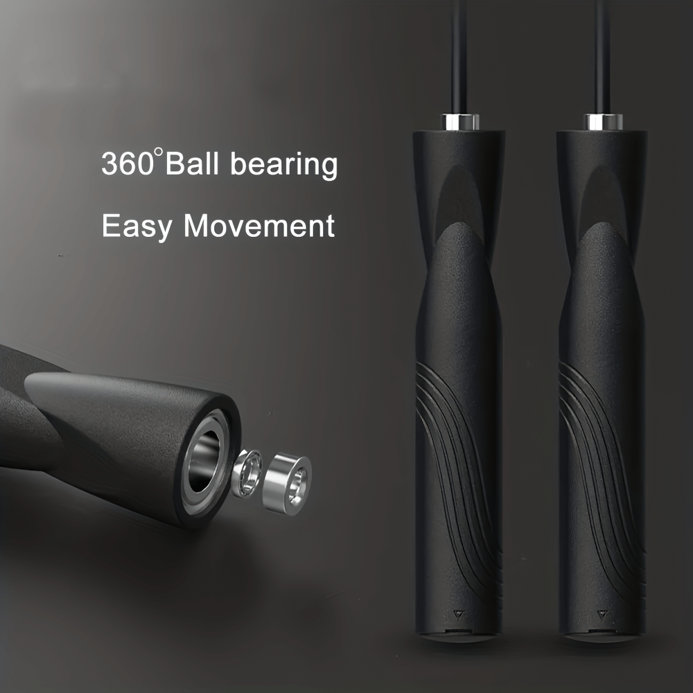 Black adjustable speed jump rope handles with 360° ball bearings for tangle-free skipping. Ideal for fitness and training.