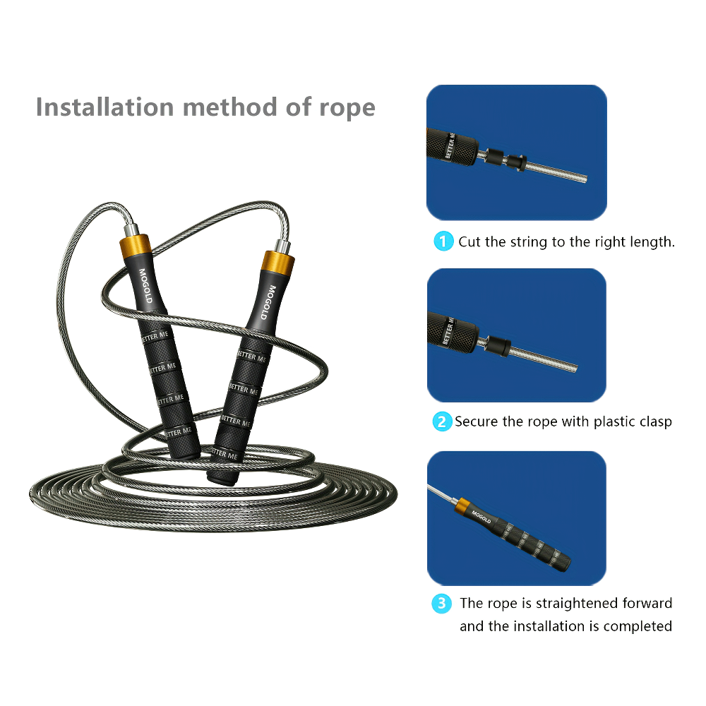 Installation guide for adjustable speed jump rope with aluminum handles and tangle-free cable, featuring easy setup instructions.