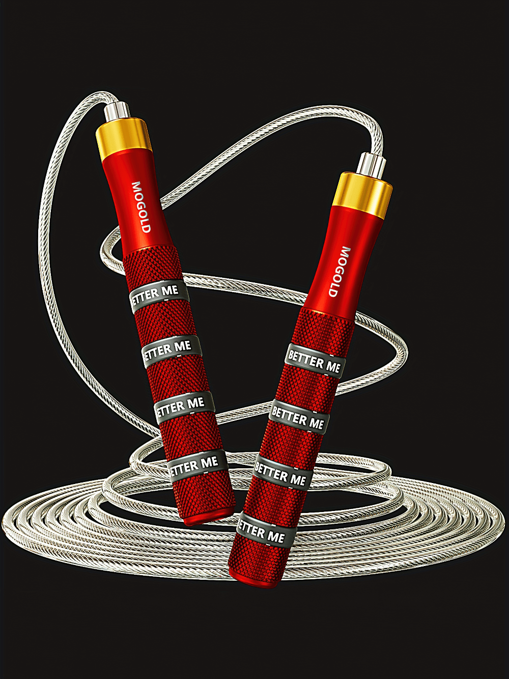 Red adjustable speed jump rope with aluminum handles and tangle-free cable, ideal for fitness and cardio workouts.