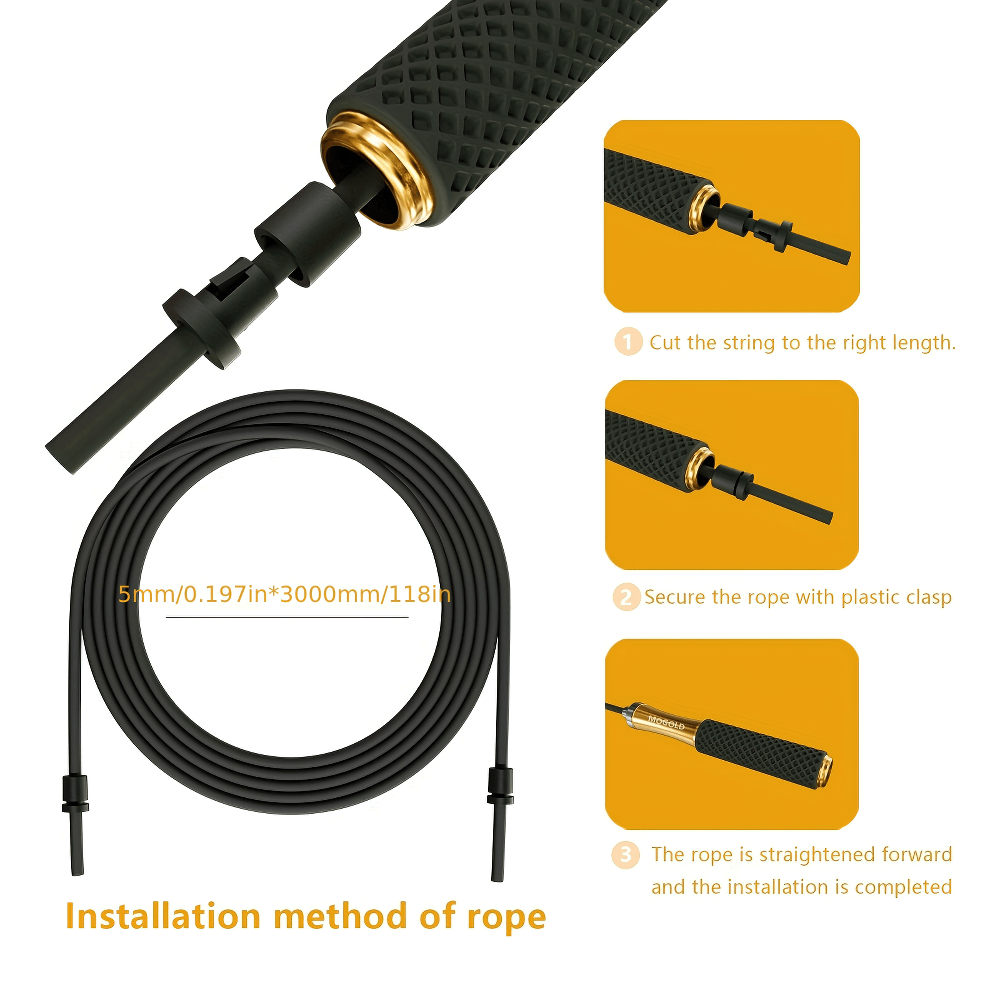 Installation guide for adjustable speed jump rope with black silicone handles and durable cable.