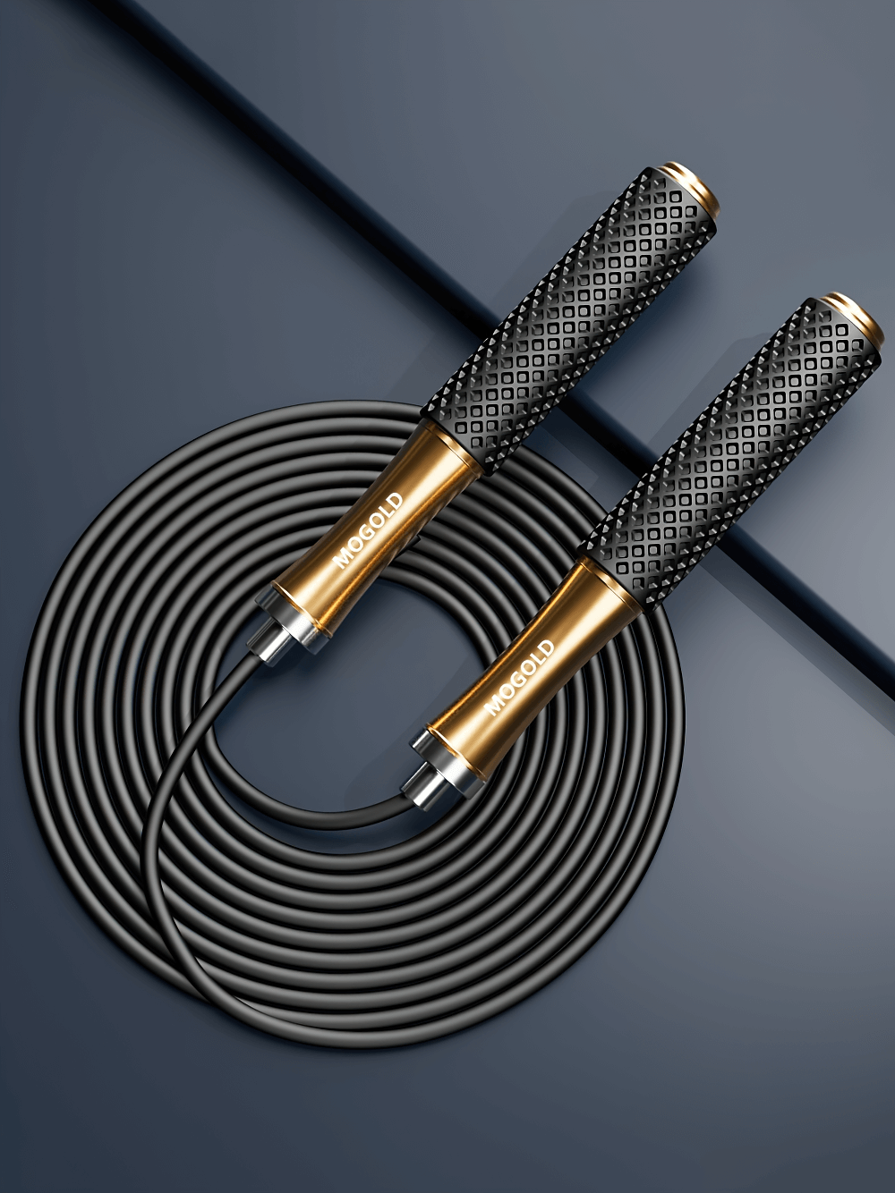 Sleek adjustable speed jump rope with non-slip silicone handles and gold accents, perfect for intense cardio workouts.