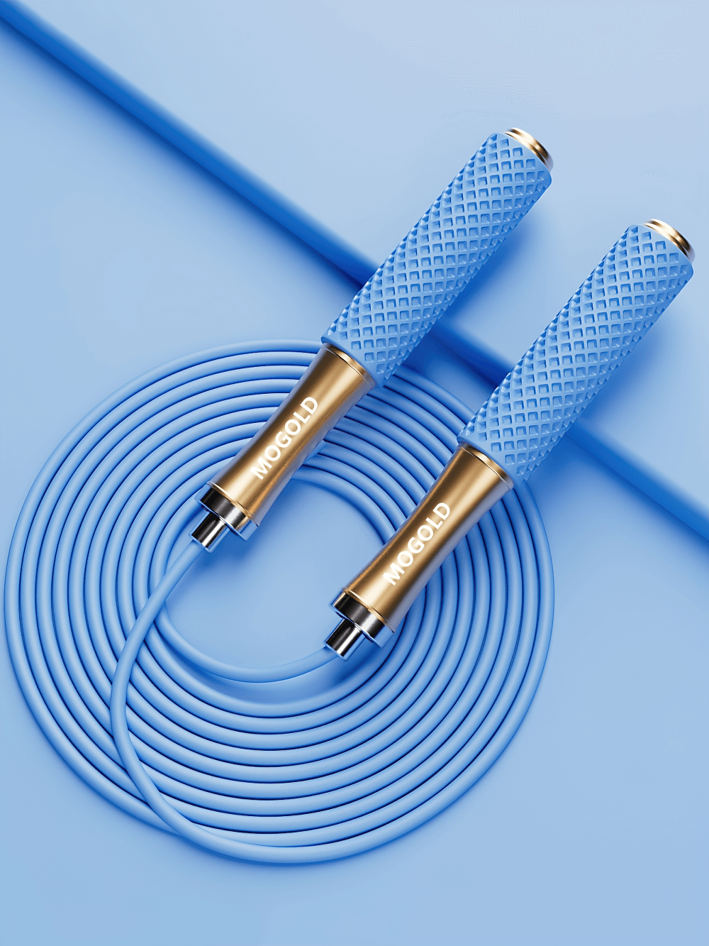 Blue adjustable speed jump rope with silicone non-slip handles and ball bearings, perfect for intense cardio workouts.