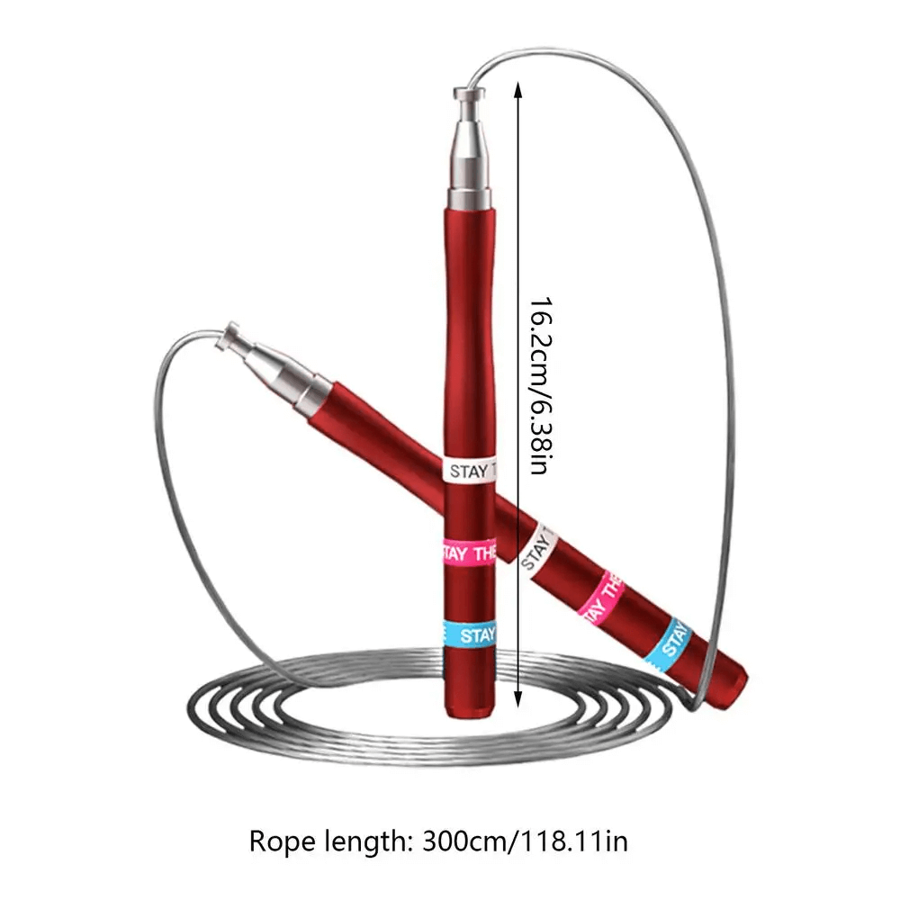 Red adjustable speed jump rope with ball bearings and 300cm PVC-coated steel wire for fitness and weight loss.