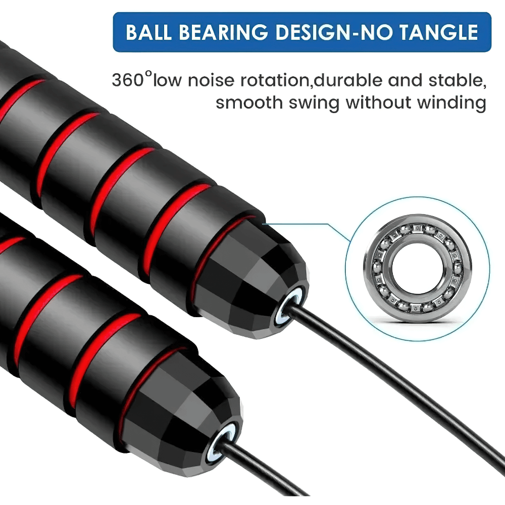 Close-up of adjustable speed jump rope with ball bearing design for smooth, tangle-free rotation and EVA foam handles. Ideal for cardio.