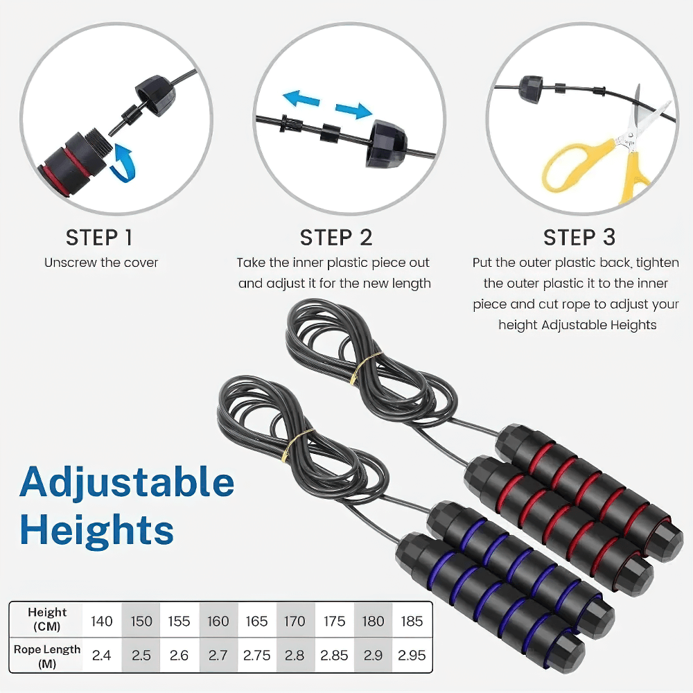 Guide showing adjustable speed jump rope with EVA foam handles, three-step instruction for height adjustment and size chart included.