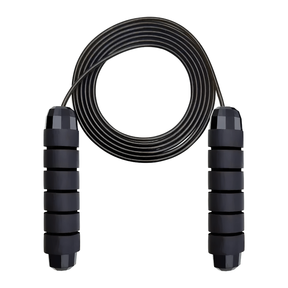 Adjustable speed jump rope with black EVA foam handles for cardio and agility training.
