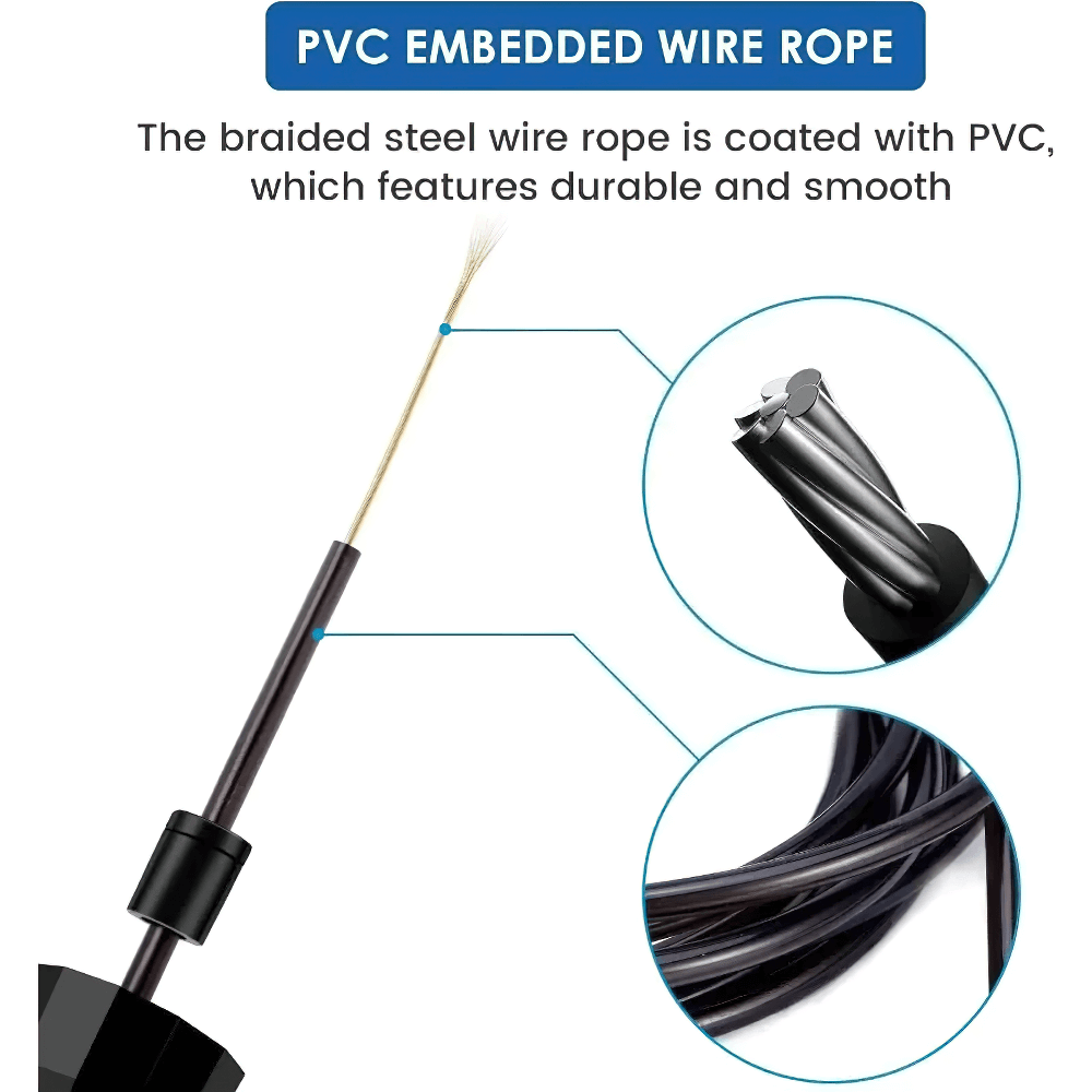 Close-up of PVC-coated braided steel wire jump rope, highlighting durability and smooth rotation.